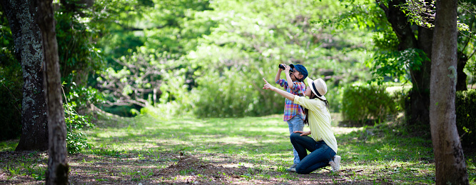 mother pointing to bird with son